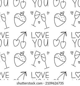 Line pattern with cherries, strawberries, glasses of champagne and lettering for valentine's day