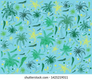 Line pattern with coconut trees with layered colorful leaves and beautiful silhouettes, summer, Vector illustration, background, texture.
