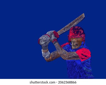 Line Pattern Cricket Batter Player Of England On Blue Background.