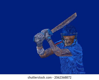 Line Pattern Cricket Batter Player Of Afghanistan On Blue Background.
