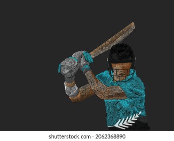 Line Pattern Cricket Batter Player Of New Zealand On Black Background.