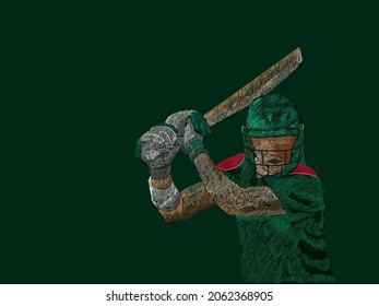 Line Pattern Cricket Batter Player Of Bangladesh On Green Background.