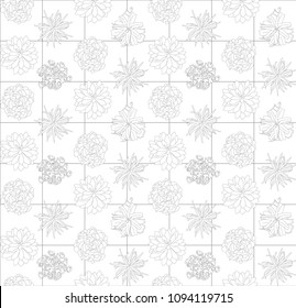 Line pattern of floral drawings over a grid. Seamless vector background. Modern monochorme texture.