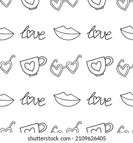 Line pattern with glasses, lips, tea cup and lettering for valentine's day
