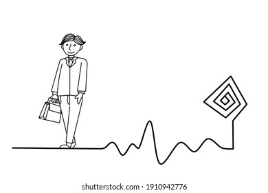 Line pattern illustration Person carrying a suitcase walking on a goal line