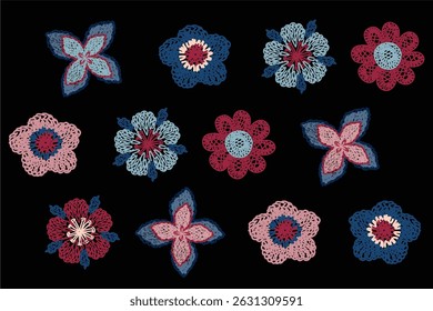 line pattern isolated vector illustration of isolated embroidered or crocheted flowers in red, blue, yellow colors on a black background