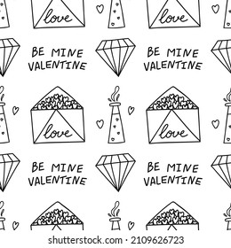Line pattern with letter, love potion, diamond and lettering for valentine's day
