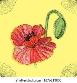 line pattern with poppies. Monochrome floral background wallpaper.