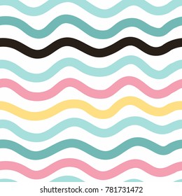 Line pattern seamless background. Vector abstract stripes. Wavy color seamless pattern ornament. Decoration background for fashion, print, cover or textile. Simple minimal doodle pop art. Ocean lines