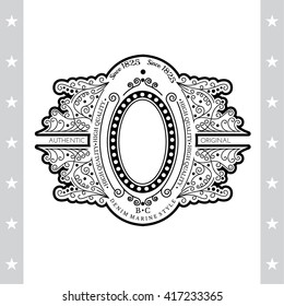 Line Pattern With Vertical Oval Frame In center. Vintage label Isolated On White