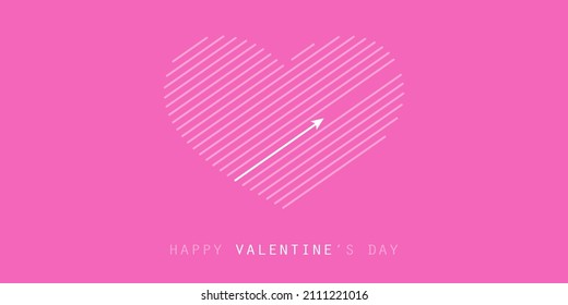 Line Patterned Big Heart with Cupid on Purple Background - Modern Style Minimalist Valentine's Day Best Wishes Card Template or Backdrop Vector Design
