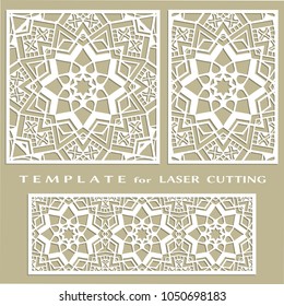 Line patterns set, templates for laser cutting, plotter cutting, printing. Geometric design cut out of paper. Mandala Islamic die cut ornament. Fretwork panels, cutout silhouette stencils. Lace border