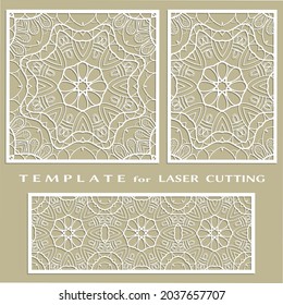 Line patterns set, templates for laser cutting, plotter cutting, printing. Geometric design cut out of paper. Mandala Islamic die cut ornament. Fretwork panels, cutout silhouette stencils. Lace border
