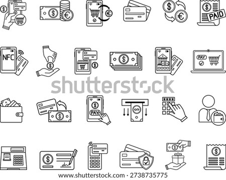 Line Payment Icon Set. Vector Illustrations: Money, Wallet, Transaction, Purchase, Credit Card, Mobile Banking, E-Commerce, PIN, NFC, Earnings, Contactless, and More