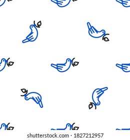 Line Peace dove with olive branch icon isolated seamless pattern on white background. Happy Easter. Colorful outline concept. Vector