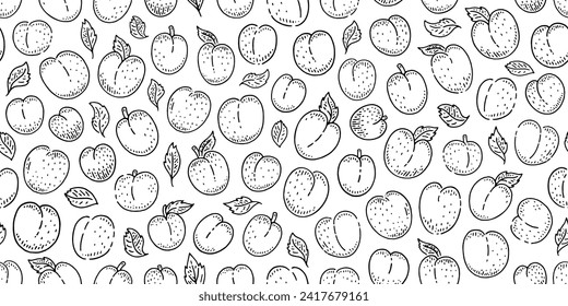 Line peach pattern. Apple apricot plum sketch fruit seamless. Etch illustration. Hand drawn peach apricot background. Doodle seamless pattern. Botanic line fruit agriculture. Black vector food graphic