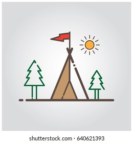 Line peak icon with trees and flag and shinning sun. Vector illustration.