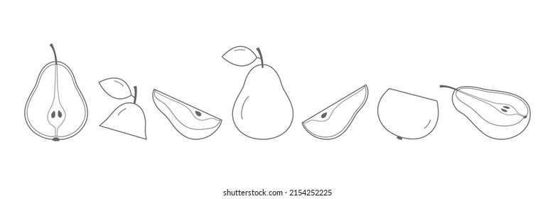 Juego de pera de línea. Colección de peras en rodajas. Secciones hechas a mano, frutas enteras y semilineales. Vector aislado en blanco.