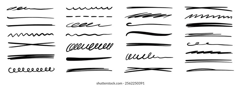 Line pen brush marker stroke underline vector set. Hand drawn doodle sketch pen brush stroke scribble underline. Marker emphasis doodle sketch grunge highlight. Vector illustration