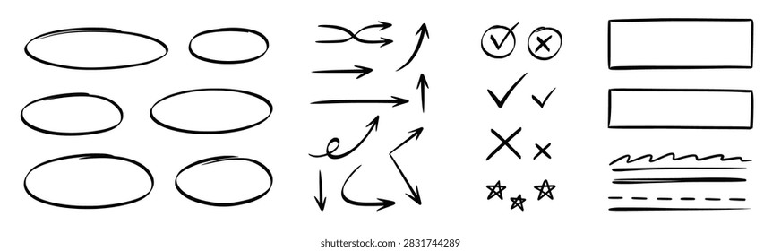 Line pen hand draw arrow, highlight set. Hand drawn line pen hand arrow doodle highlight sketch marker star. Flow infographic chart mindmap process project memo background. Vector illustration