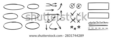 Line pen hand draw arrow, highlight set. Hand drawn line pen hand arrow doodle highlight sketch marker star. Flow infographic chart mindmap process project memo background. Vector illustration
