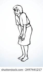 Line pen hand drawn cheer joy male son guy quiet go walk bow creep away seek care cartoon white biblical art style. Old bible dress cloth cute small teen lady youth make face think peek love sign icon
