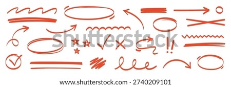 Line pen red highlight arrow set. Line pen hand drawn marker stroke red underline, check mark, emphasis. Arrow, star, round frame marker scribble stroke icon elements. Vector illustration