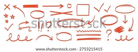 Line pen red highlight arrow set. Line pen hand drawn marker stroke red underline, check mark, emphasis. Arrow, star, round frame marker scribble stroke icon elements. Vector illustration