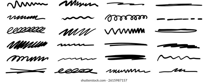 Line pen strokes, shapes, highlight underline lines isolated on white background. Simple charcoal chalk crayon calligraphy effects ideal for business, school presentation designs