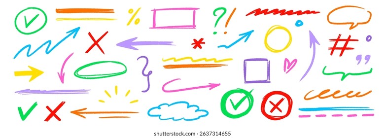 Line pencil arrow color brush kid style set. Crayon chalk scribble, underline and check mark cute highlight texture. Hand drawn pastel marker sign, heart doodle design elements. Vector illustration.