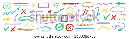 Line pencil arrow color brush kid style set. Crayon chalk scribble, underline and check mark cute highlight texture. Hand drawn pastel marker sign, heart doodle design elements. Vector illustration.