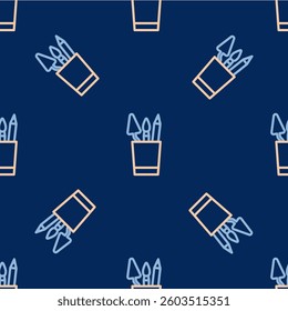Line Pencil case stationery icon isolated seamless pattern on blue background. Pencil, pen, ruler in a glass for office.  Vector