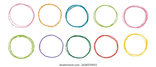 Line pencil crayon chalk brush strike circle drawing illustration set. Highlight border textured hand drawn doodles on paper in grunge style