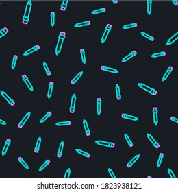 Line Pencil with eraser icon isolated seamless pattern on black background. Drawing and educational tools. School office symbol.  Vector Illustration