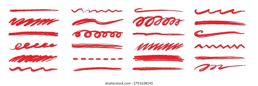 Line pencil red brush set. Line red underline brush pencil pen hand drawn stroke marker highlight.. Doodle scribble ink sketch strike through note sign texture grunge. Vector illustration
