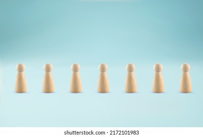 Line of people concept. Group of wooden figures lined up in row. Many wooden peg people in a row.