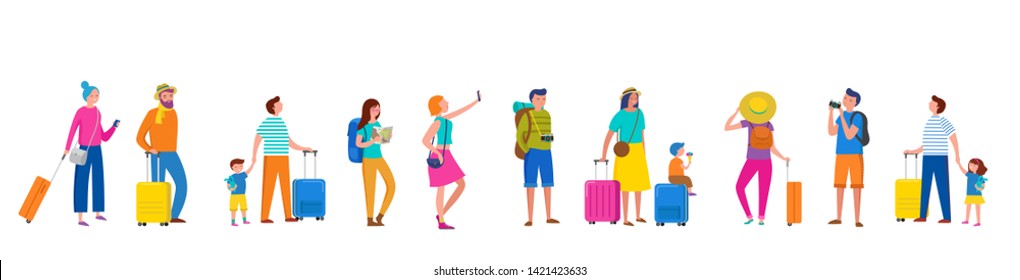 Line of people, couples and families with suitcase. Traveling and tourism concept design. Vector illustration 