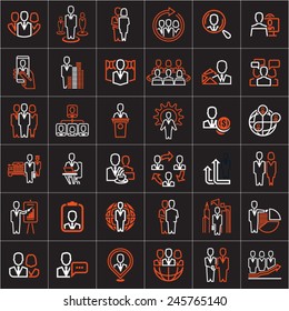 Line people icons set on black background. 