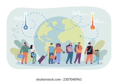 Línea de personas migrando ilustración vectorial. Gente feliz moviéndose a diferentes países, termómetros fríos y calientes y planeta en segundo plano. Migración y crisis climática, concepto de reasentamiento