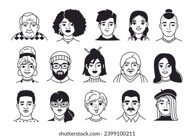 Line people portraits set. Avatars of men and women. Design elements for social networks. Young girls and guys of different ethnicities. Linear flat vector collection isolated on white background