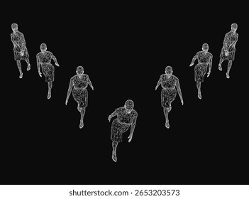 Uma linha de pessoas correndo em movimento cria um efeito dinâmico de wireframe em um fundo preto. As figuras brancas contrastam fortemente com o fundo escuro, enfatizando a velocidade e o movimento.