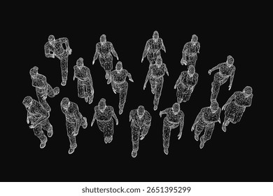 A line of people running in motion on a black background creates a dynamic wireframe effect. The figures appear to move at high speed, forming a continuous flow.