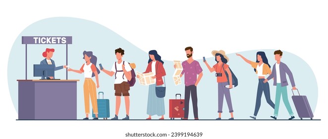 Line of people standing at box office to buy tickets. Tourists in queue. Men and women with city maps and baggage standing and reception. Cartoon flat style isolated vector concept