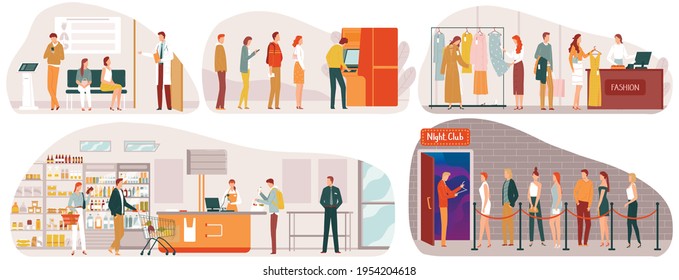 Line people store queue, set different situations shopping trip, customer at checkout, design cartoon style, vector illustration.