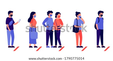 Line of people is waiting. Group of people keep their distance by wearing respiratory masks. Queue to shop, to buy tickets, to interview vacancy, to open, to travel, to visit doctor. Vector flat