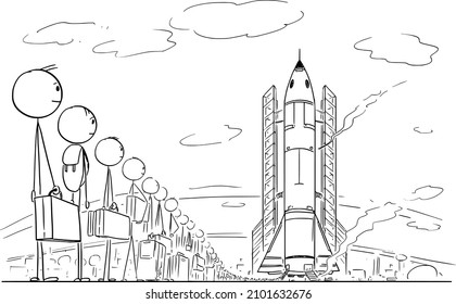 Line of people waiting for interstellar or spaceflight, space ship ready to launch, vector cartoon stick figure or character illustration.