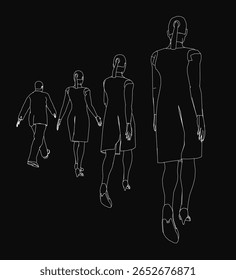 Uma linha de pessoas caminhando em um único arquivo contra um fundo preto, criando uma impressionante silhueta minimalista. A ilustração simples, mas poderosa, transmite movimento e unidade.