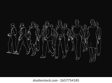 A line of people walking in single file against a stark black background, depicted in clean line art. The minimalist style emphasizes movement and unity. Perfect for illustrating teamwork, journeys.