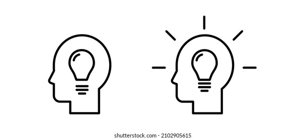 Line person profile face, head thinking with lightbulb vector icons set. Inspiration creative idea, Solution and innovation, knowledge