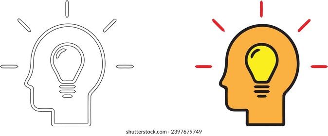 Cara de perfil de persona de línea, pensamiento de cabeza con iconos vectoriales de bombilla.